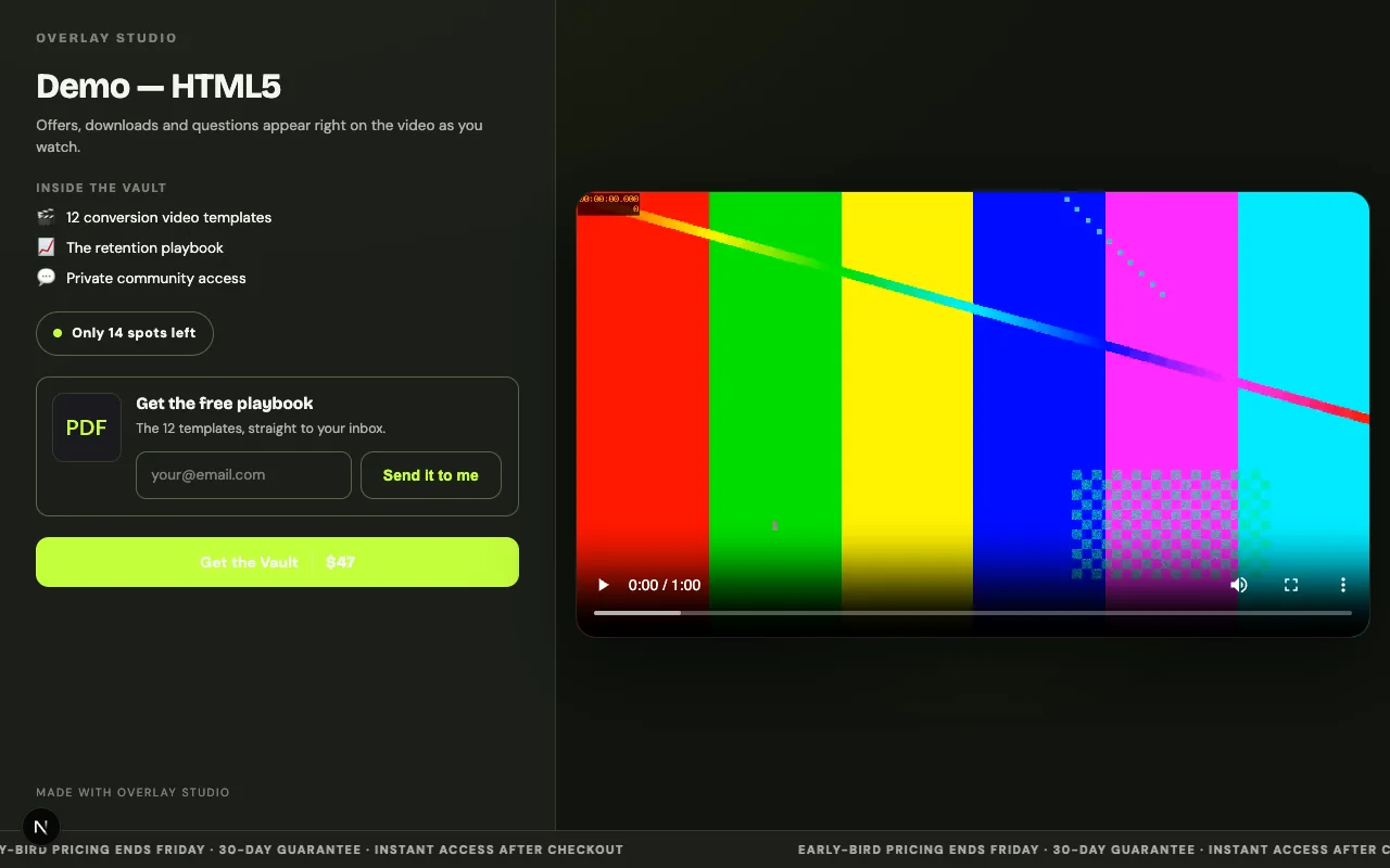 A hosted video page in the split layout: video right, headline, opt-in form and buy button left